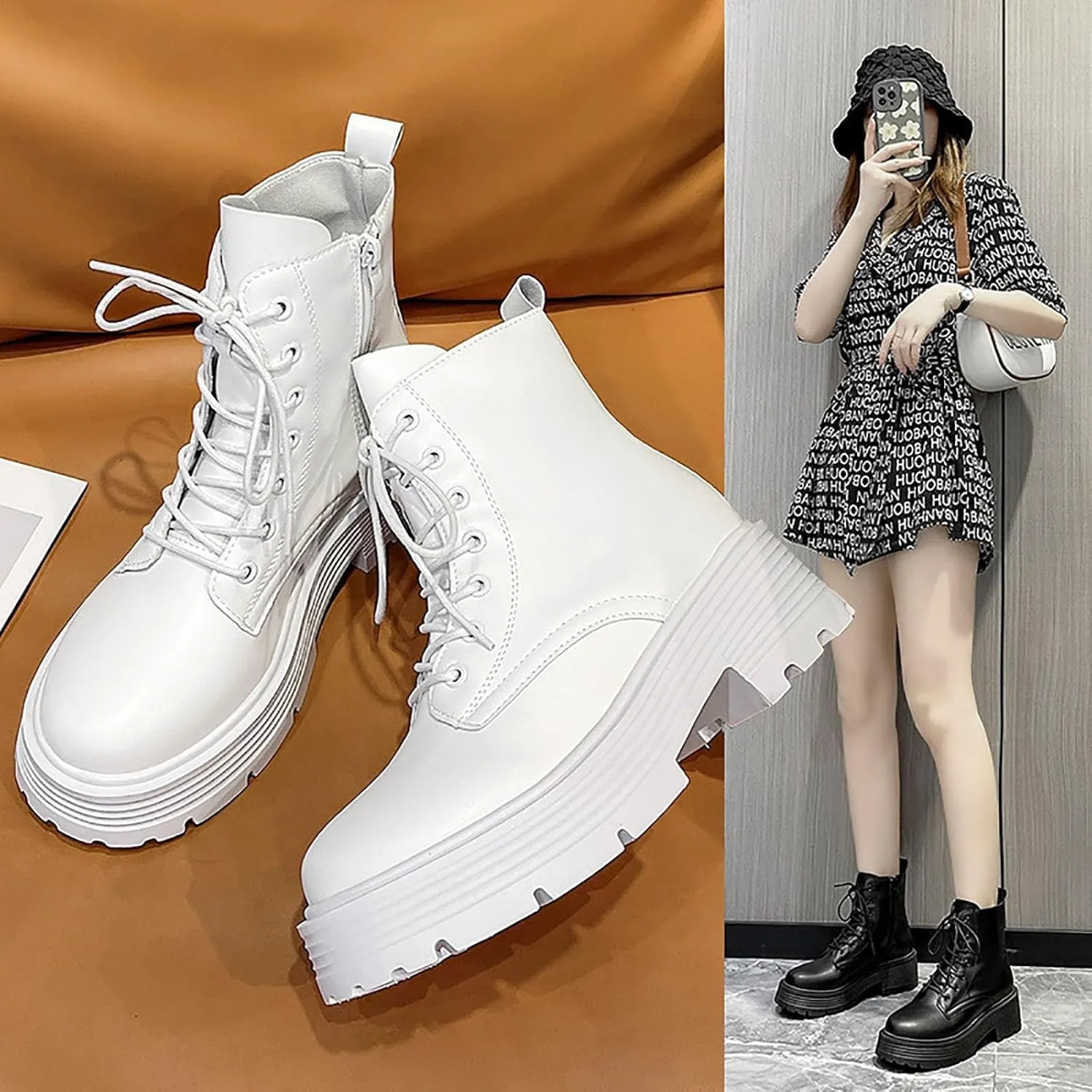 Combat Boots for Women Platform Boots Womens Fashion Thick Sole Mid Short Sleeve Boots Plush Warm Outdoor Boots Comfy