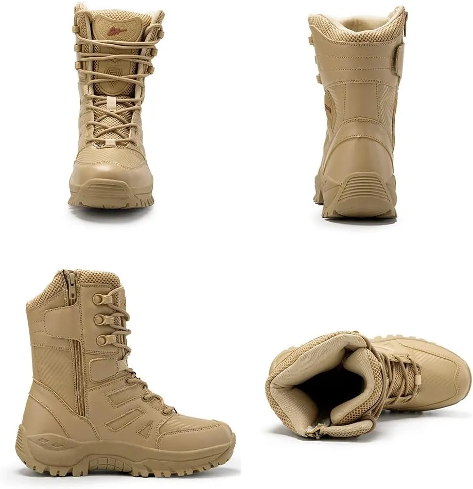 GEXECEUSS Military Boots for Men Side Zipper Lightweight Combat Outdoor Rubber Outsole Boots Hiking Motorcycle Combat Boots Desert Boots