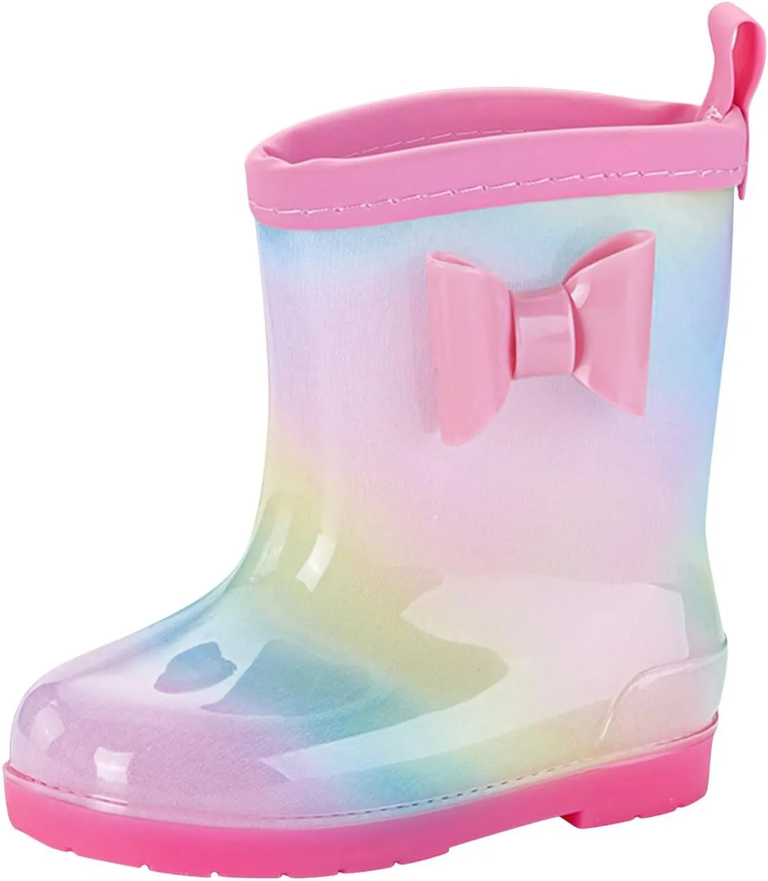 Kids Bow Rain Boots for Girls Boys Toddler Waterproof Rubber Cute Rainbow Rain Shoes with Easy On Baby Girl Boots