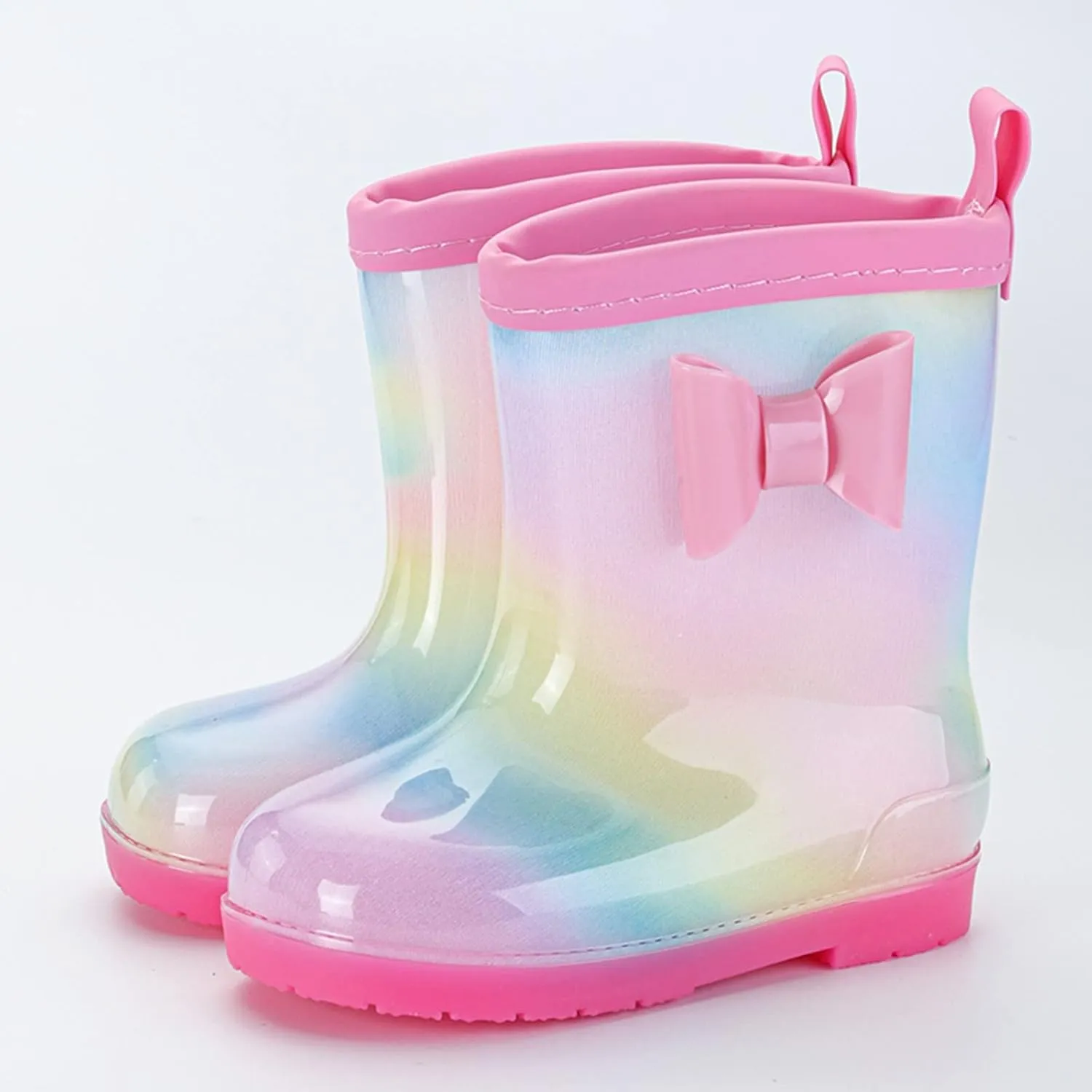 Kids Bow Rain Boots for Girls Boys Toddler Waterproof Rubber Cute Rainbow Rain Shoes with Easy On Baby Girl Boots