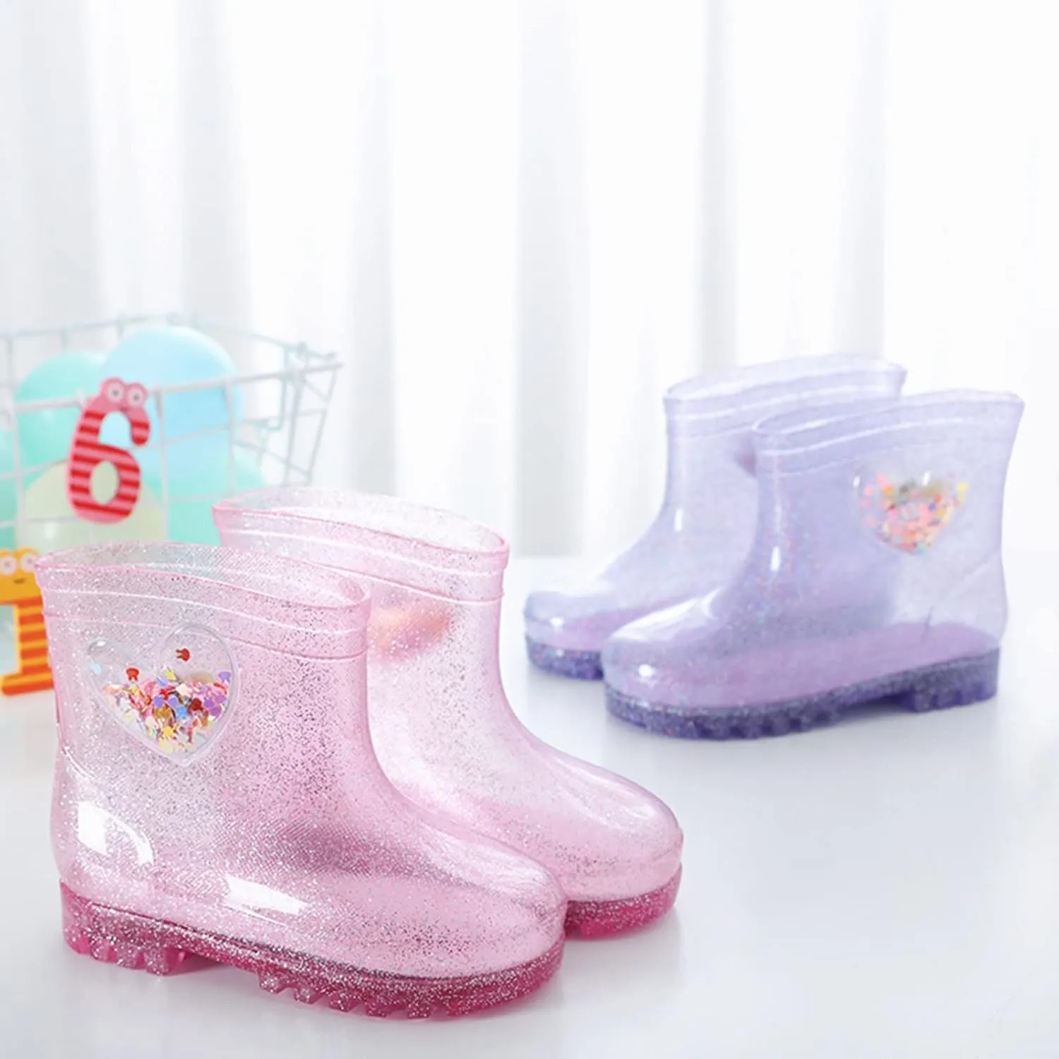 Kids Rain Boots, Toddler Waterproof Rubber Soft Sole Rain Boots for Girls Boys Heart Patterns Glitter Youth Rain Boots