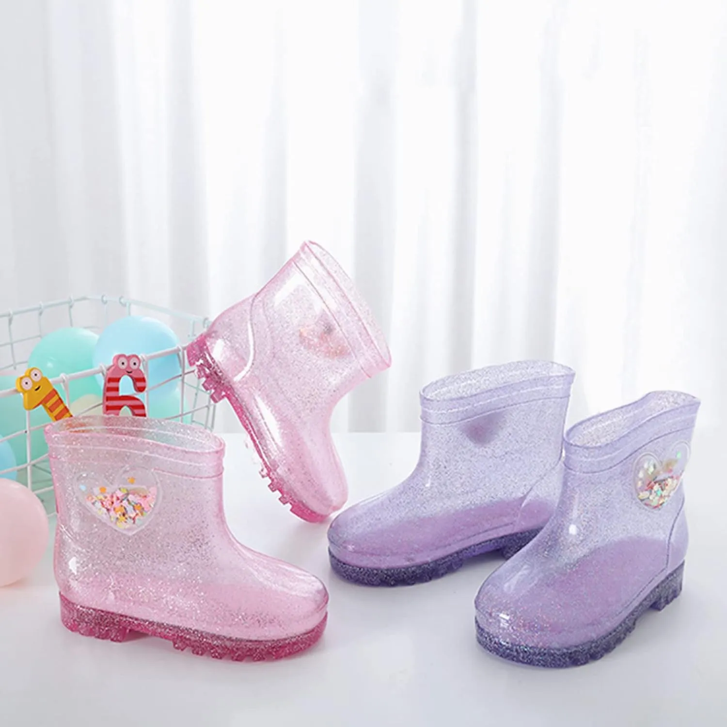 Kids Rain Boots, Toddler Waterproof Rubber Soft Sole Rain Boots for Girls Boys Heart Patterns Glitter Youth Rain Boots