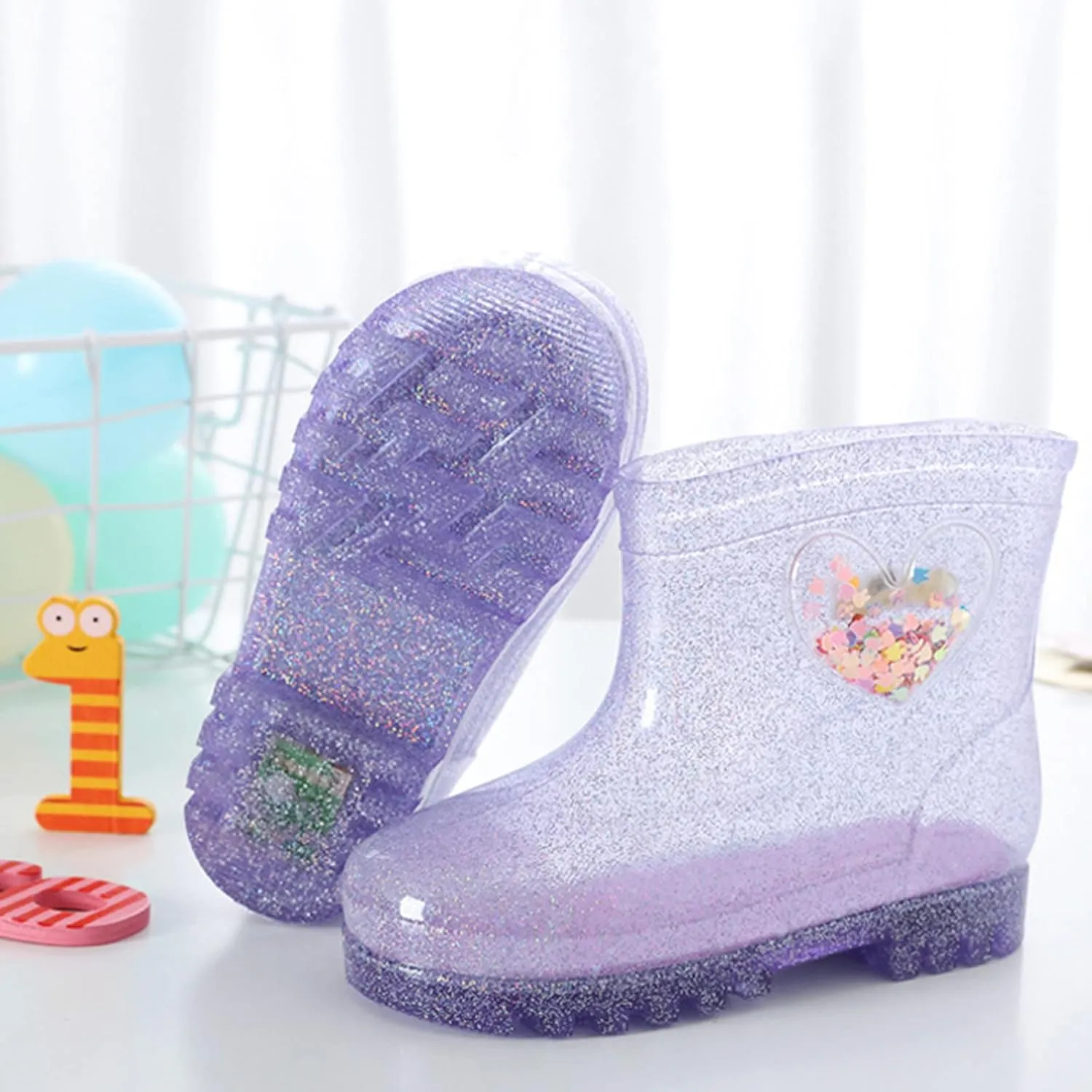 Kids Rain Boots, Toddler Waterproof Rubber Soft Sole Rain Boots for Girls Boys Heart Patterns Glitter Youth Rain Boots