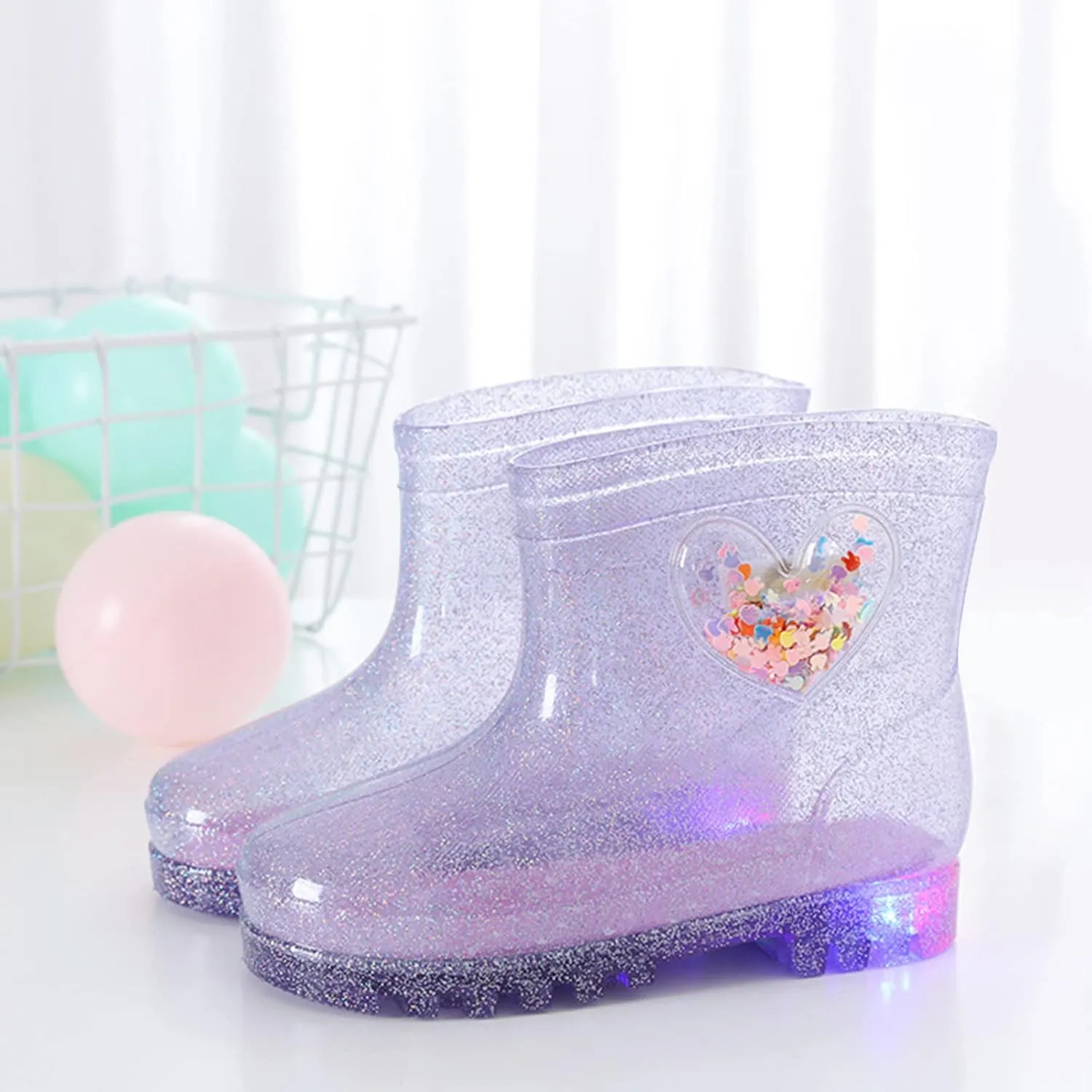 Kids Rain Boots, Toddler Waterproof Rubber Soft Sole Rain Boots for Girls Boys Heart Patterns Glitter Youth Rain Boots