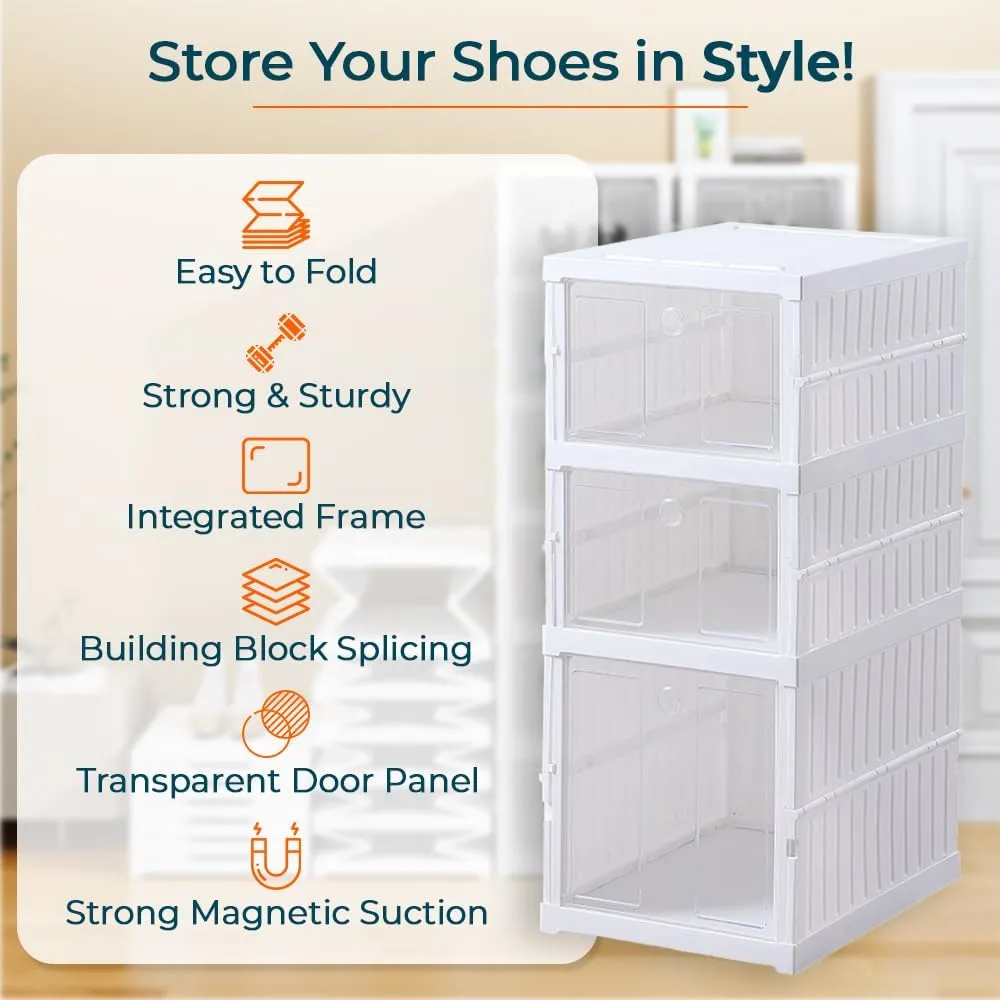 Kuber Industries 3 Layer Shoe Box for Storage|Multi-Purpose Plastic Shoe Rack|Installation Free Shoe Organizer|Pack of 6|White|