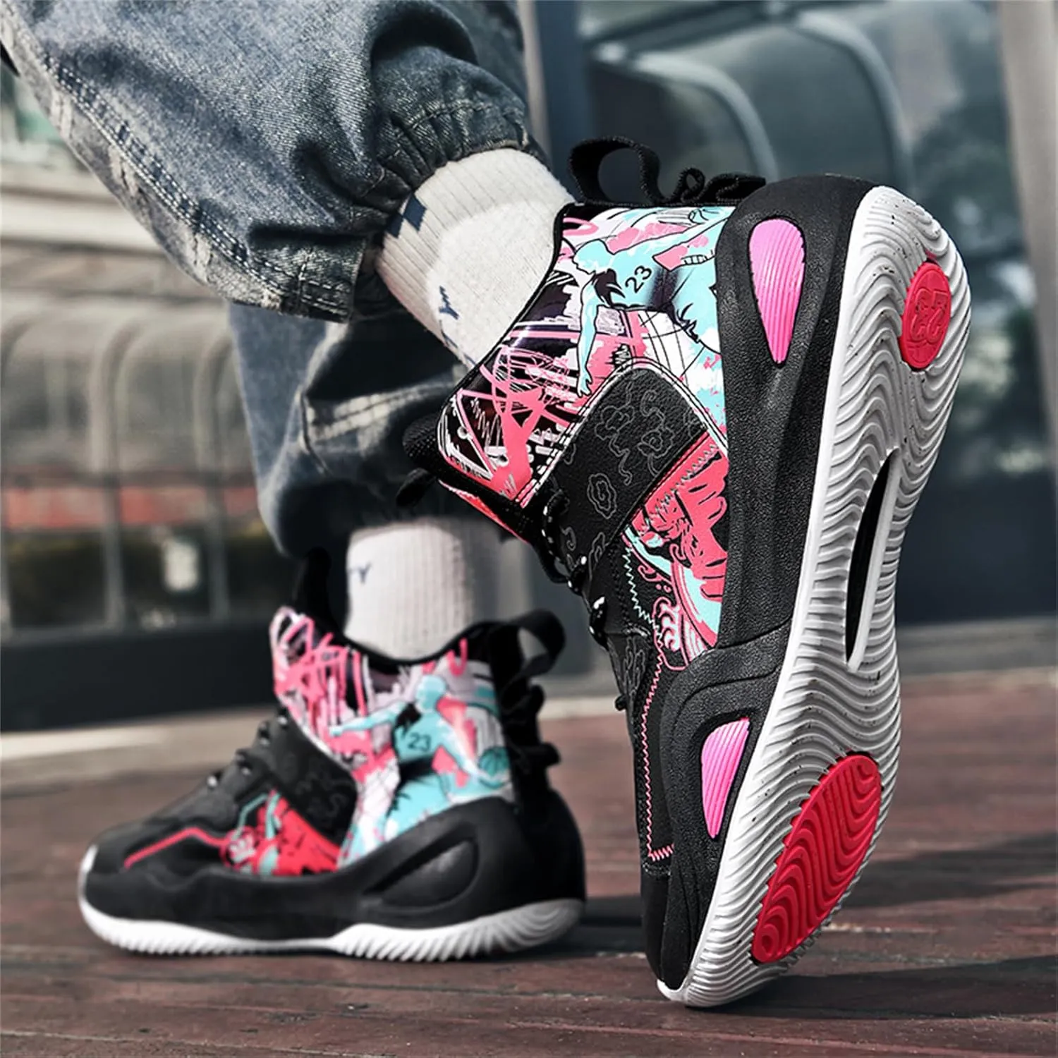 Mens Fashion Graffiti High Top Basketball Shoes Lightweight Breathable Sports Sneakers for Workout Gym Tennis Walking Running Shoes