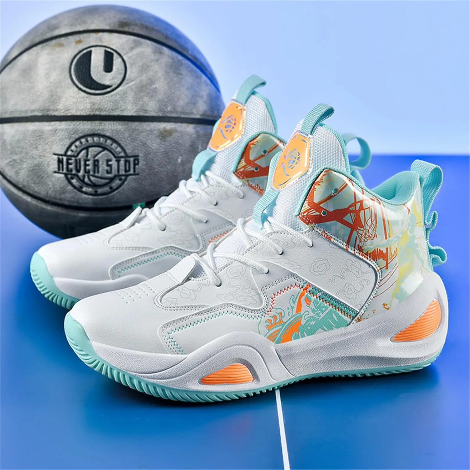 Mens Fashion Graffiti High Top Basketball Shoes Lightweight Breathable Sports Sneakers for Workout Gym Tennis Walking Running Shoes