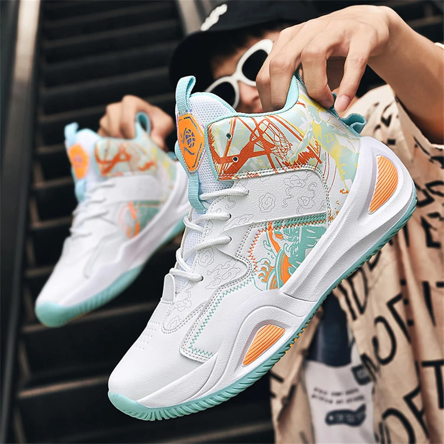Mens Fashion Graffiti High Top Basketball Shoes Lightweight Breathable Sports Sneakers for Workout Gym Tennis Walking Running Shoes