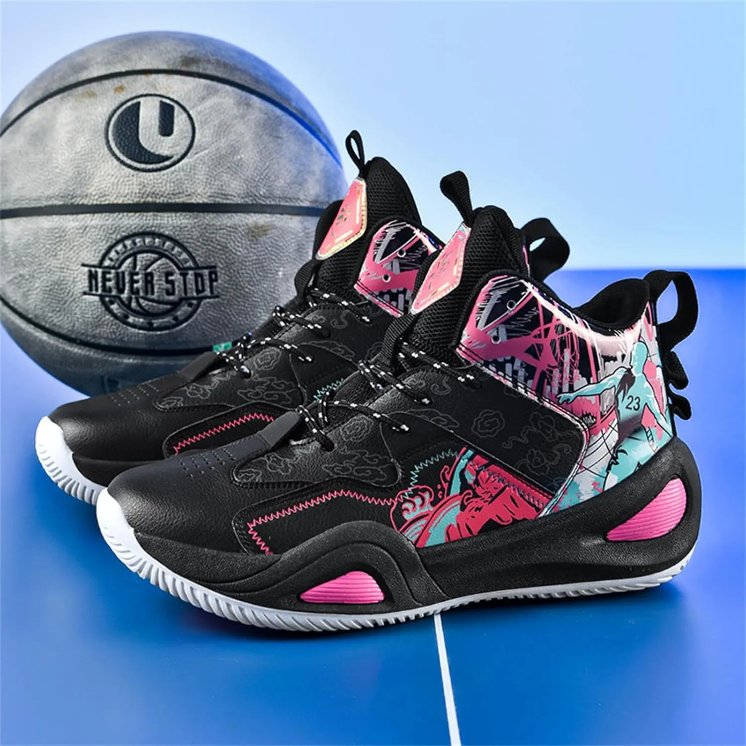 Mens Fashion Graffiti High Top Basketball Shoes Lightweight Breathable Sports Sneakers for Workout Gym Tennis Walking Running Shoes