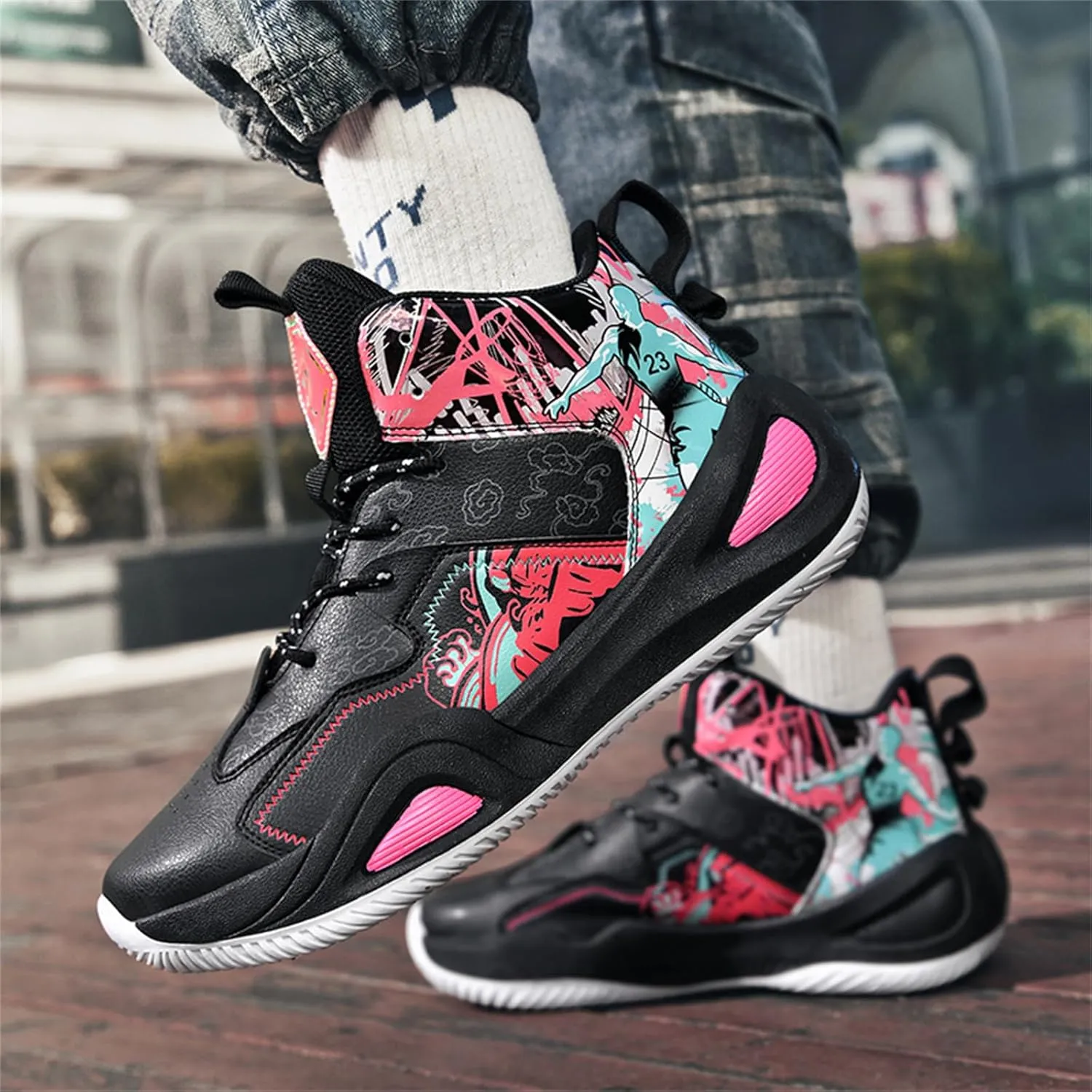 Mens Fashion Graffiti High Top Basketball Shoes Lightweight Breathable Sports Sneakers for Workout Gym Tennis Walking Running Shoes