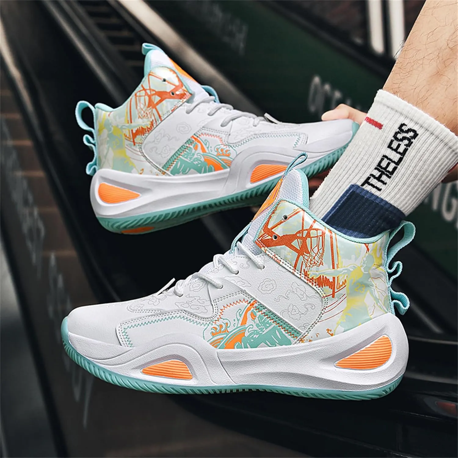 Mens Fashion Graffiti High Top Basketball Shoes Lightweight Breathable Sports Sneakers for Workout Gym Tennis Walking Running Shoes