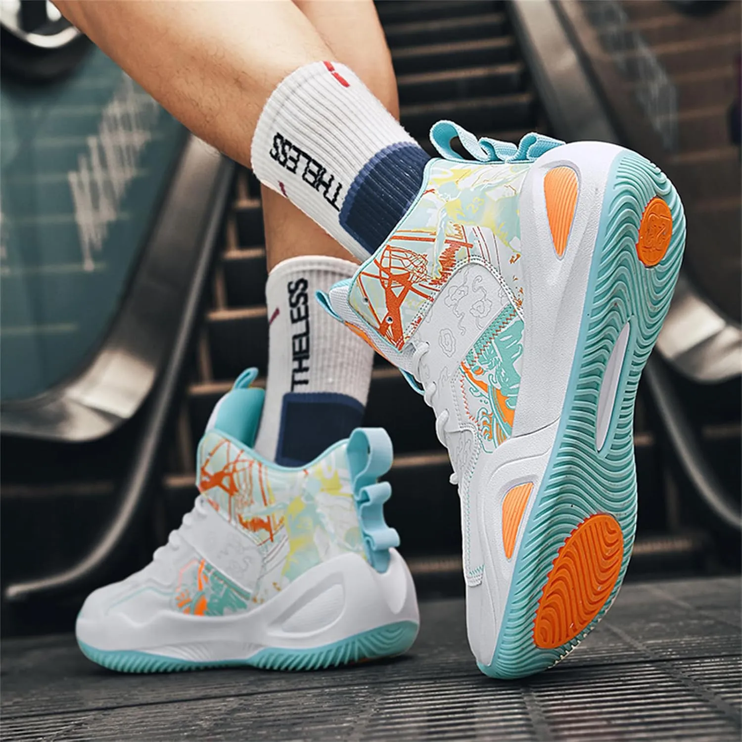 Mens Fashion Graffiti High Top Basketball Shoes Lightweight Breathable Sports Sneakers for Workout Gym Tennis Walking Running Shoes