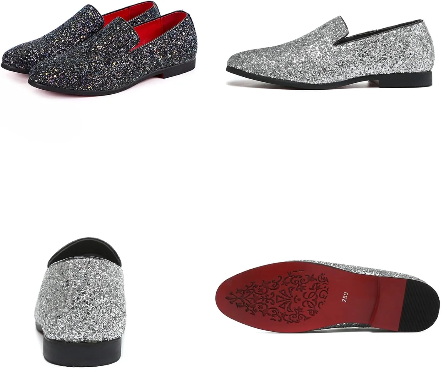 Mens Glitter Rhinestone Slip-On Tuxedo Loafers Classic Wingtip Dress Party Wedding Sparkly Penny Smoking Slippers