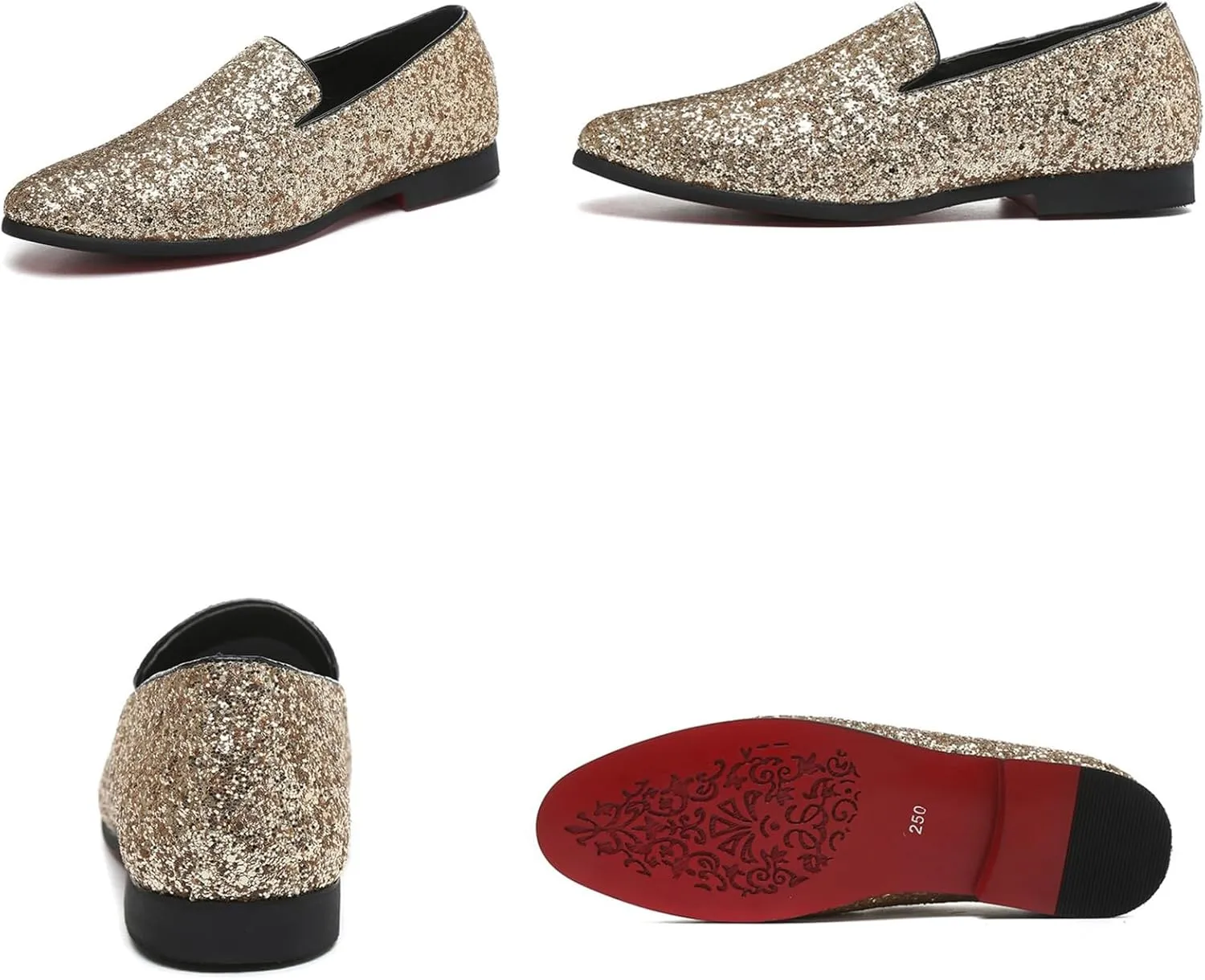 Mens Glitter Rhinestone Slip-On Tuxedo Loafers Classic Wingtip Dress Party Wedding Sparkly Penny Smoking Slippers