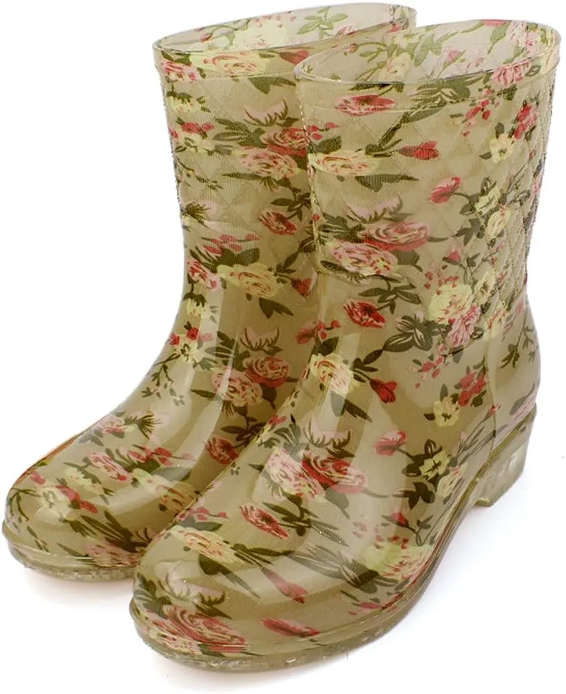 Qtqgoitem Beige Yellow US 6 Flower Pattern PVC Mid Calf Resistant Waterproof Rainshoes Snow Boots Wellies for Ladies (Model: efb 6f5 25d 7f5 749)