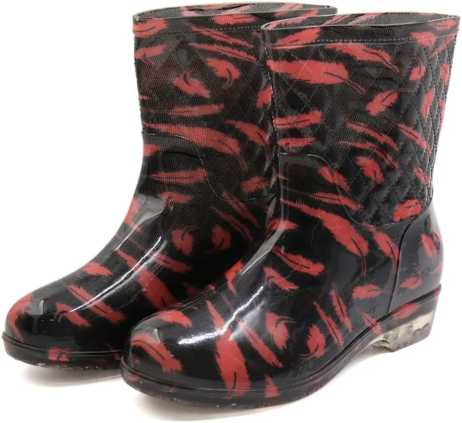Qtqgoitem Black Brick Red Color US 9 Leaf Pattern PVC Mid Calf Resistant Waterproof Rainshoes Snow Boots Wellies for Ladies (Model: 3c2 a35 e0c 5fd 40b)