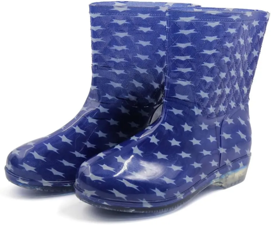 Qtqgoitem Blue White US 7.5 Stars Pattern PVC Mid Calf Good Performance Waterproof Rainshoes Snow Boots Wellies for Ladies (Model: 32c 6dd 972 84c 8d4)