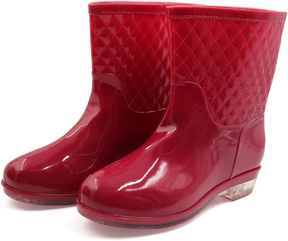 Qtqgoitem Burgundy US 8.5 Dots Pattern PVC Mid Calf Resistant Waterproof Rainshoes Snow Boots Wellies for Ladies (Model: c50 936 212 b7d 32e)