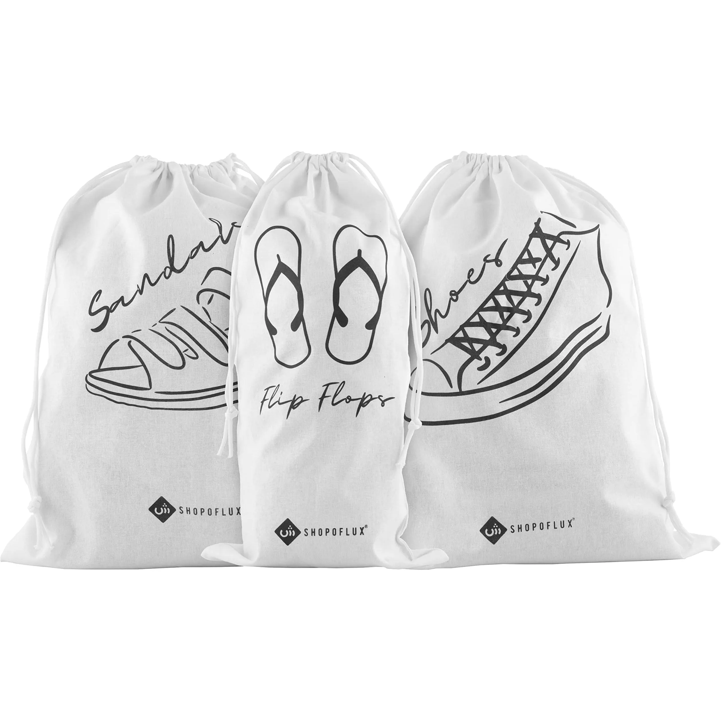SHOPOFLUX Cotton Shoes Bag for Travel | Washable Reusable Storage Bag Pouch for Shoe, Flip Flop and Sandals with Drawstring for Men and Women Set of 3