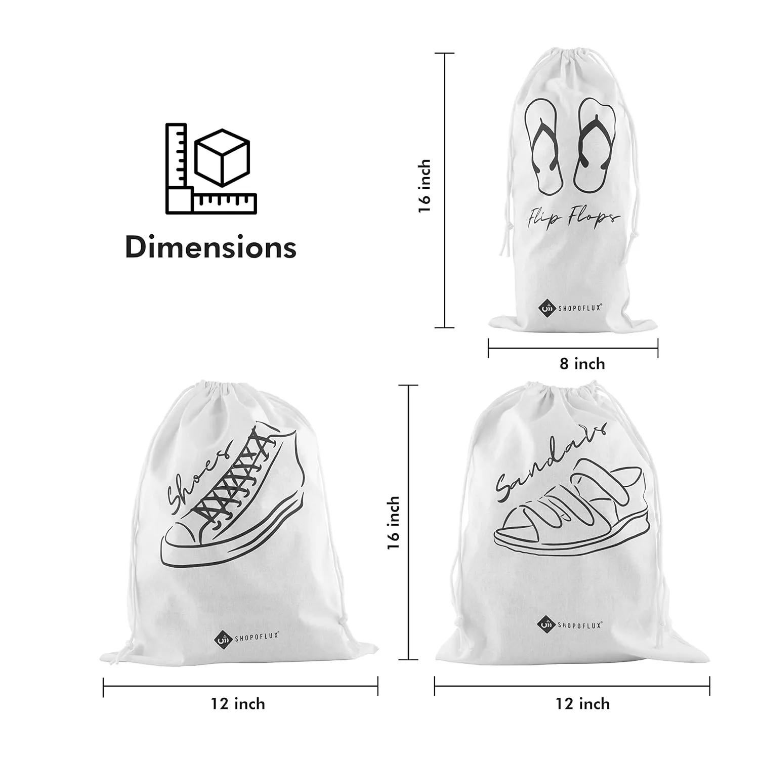 SHOPOFLUX Cotton Shoes Bag for Travel | Washable Reusable Storage Bag Pouch for Shoe, Flip Flop and Sandals with Drawstring for Men and Women Set of 3