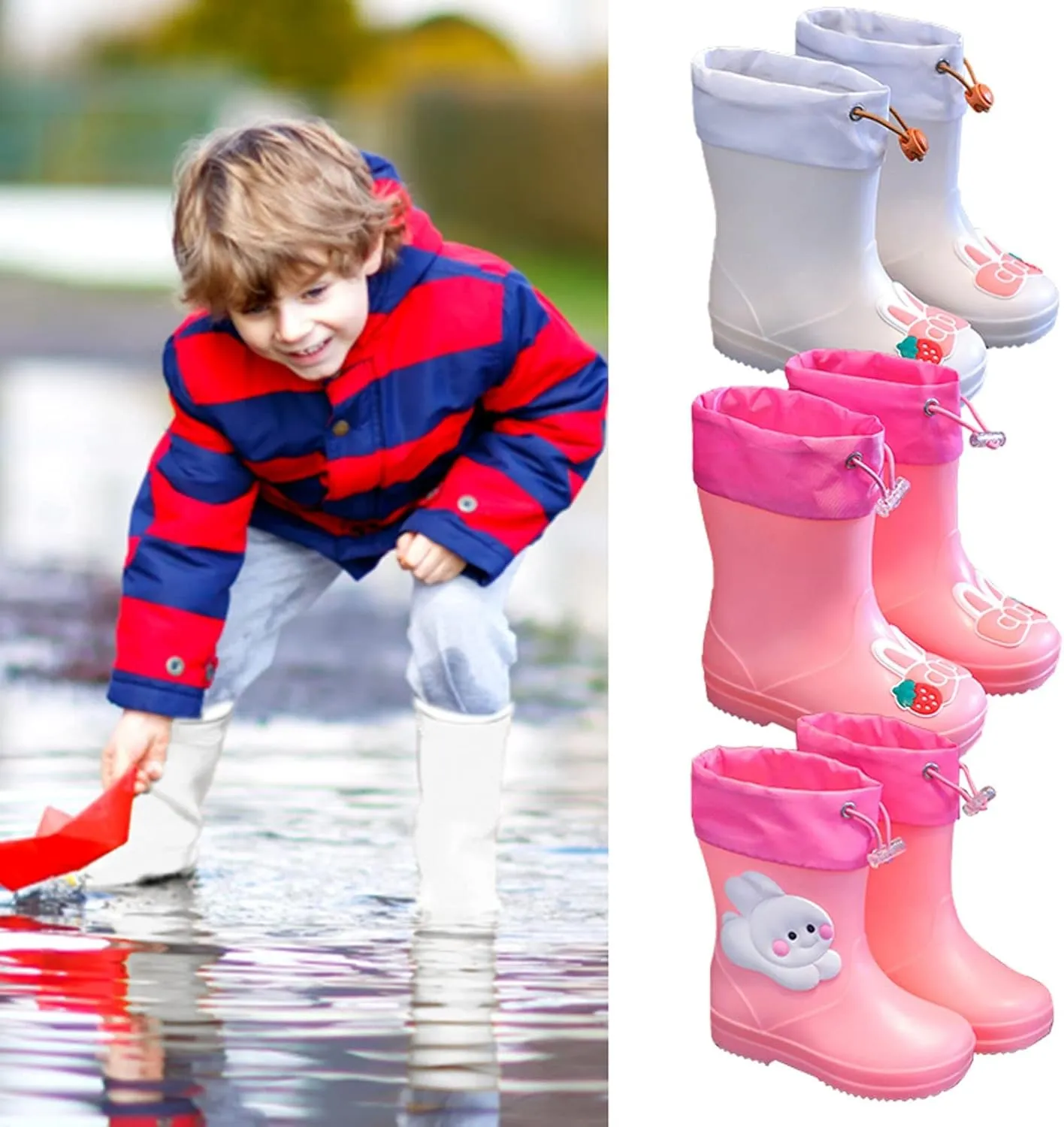 Toddler Bunny Rain Boots for Girls Rubber Boots Waterproof Lightweight Unisex Child Rainboots Cute Cartoon Shoes