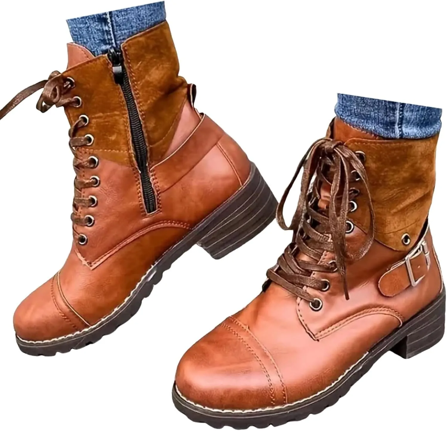 Women Combat Boots Low Heel Women Boots Ankle Boots Western Casual Lace up Round Toe Side Zipper with Buckle Boots