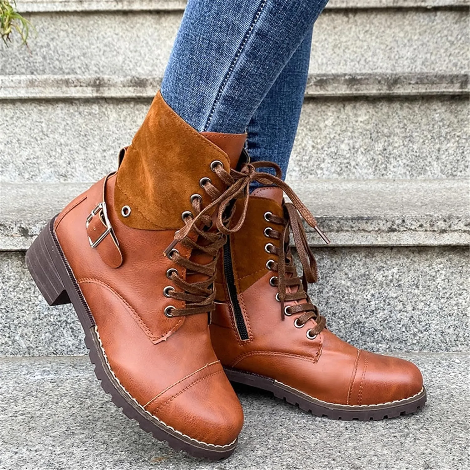 Women Combat Boots Low Heel Women Boots Ankle Boots Western Casual Lace up Round Toe Side Zipper with Buckle Boots