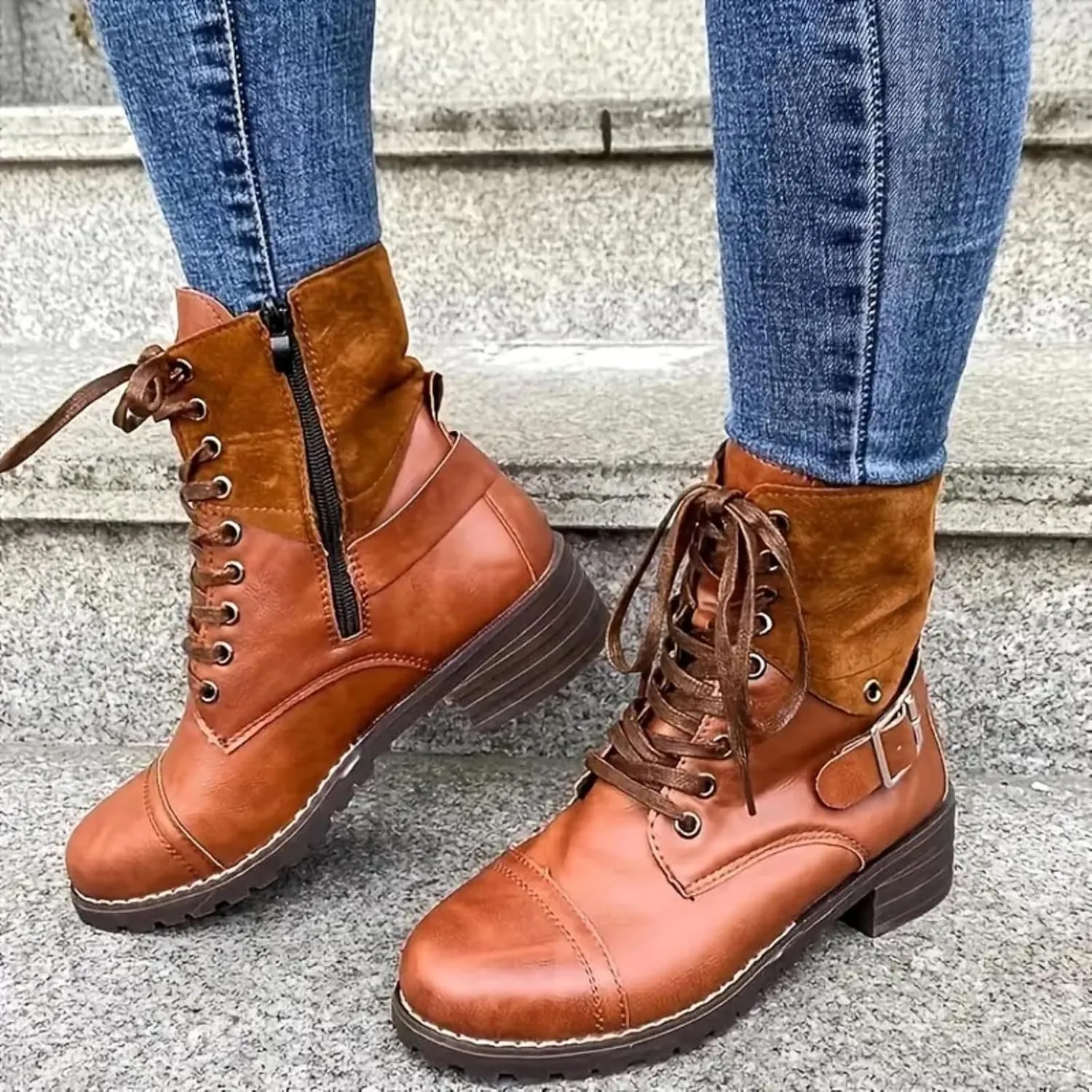 Women Combat Boots Low Heel Women Boots Ankle Boots Western Casual Lace up Round Toe Side Zipper with Buckle Boots