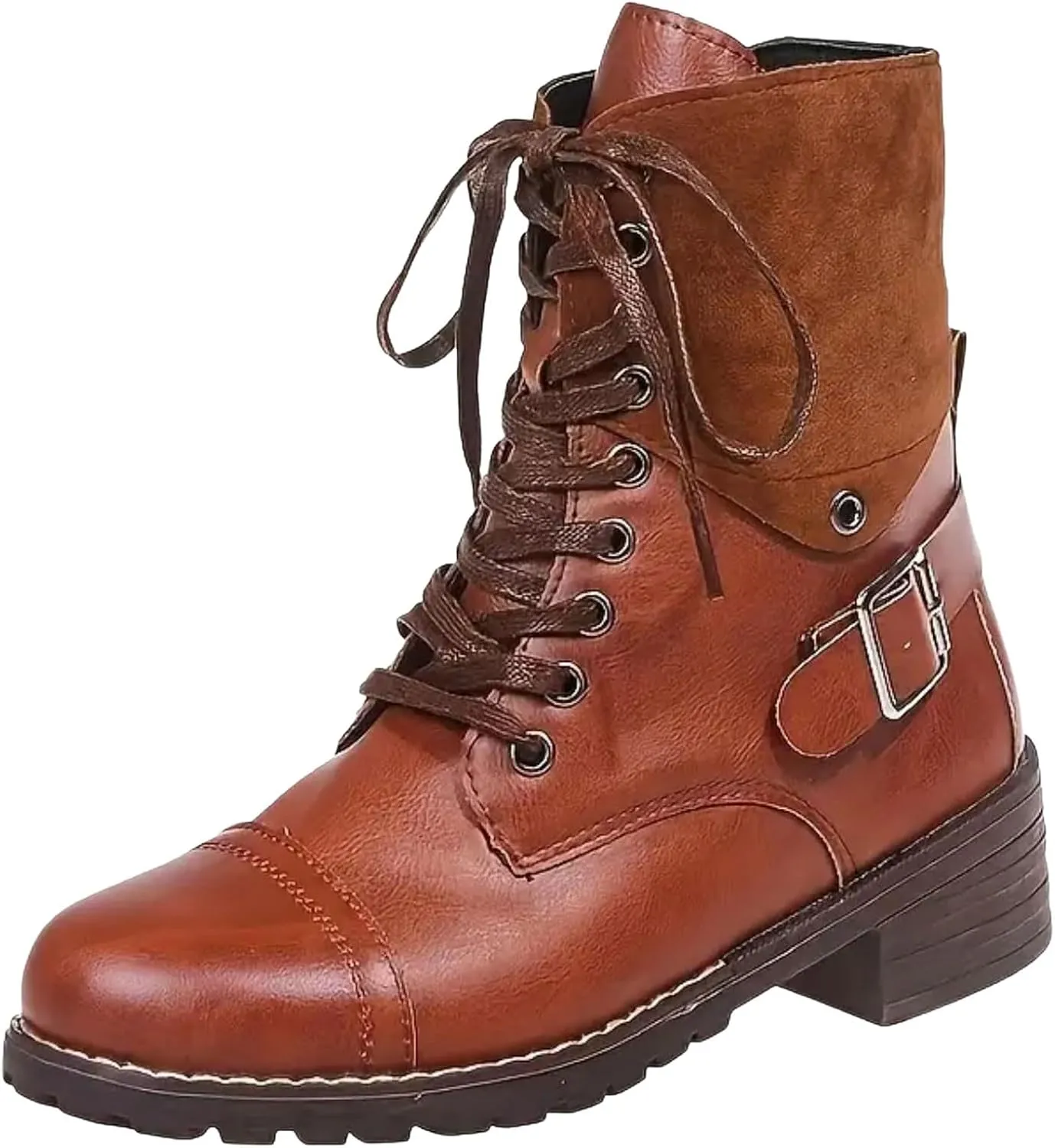 Women Combat Boots Low Heel Women Boots Ankle Boots Western Casual Lace up Round Toe Side Zipper with Buckle Boots