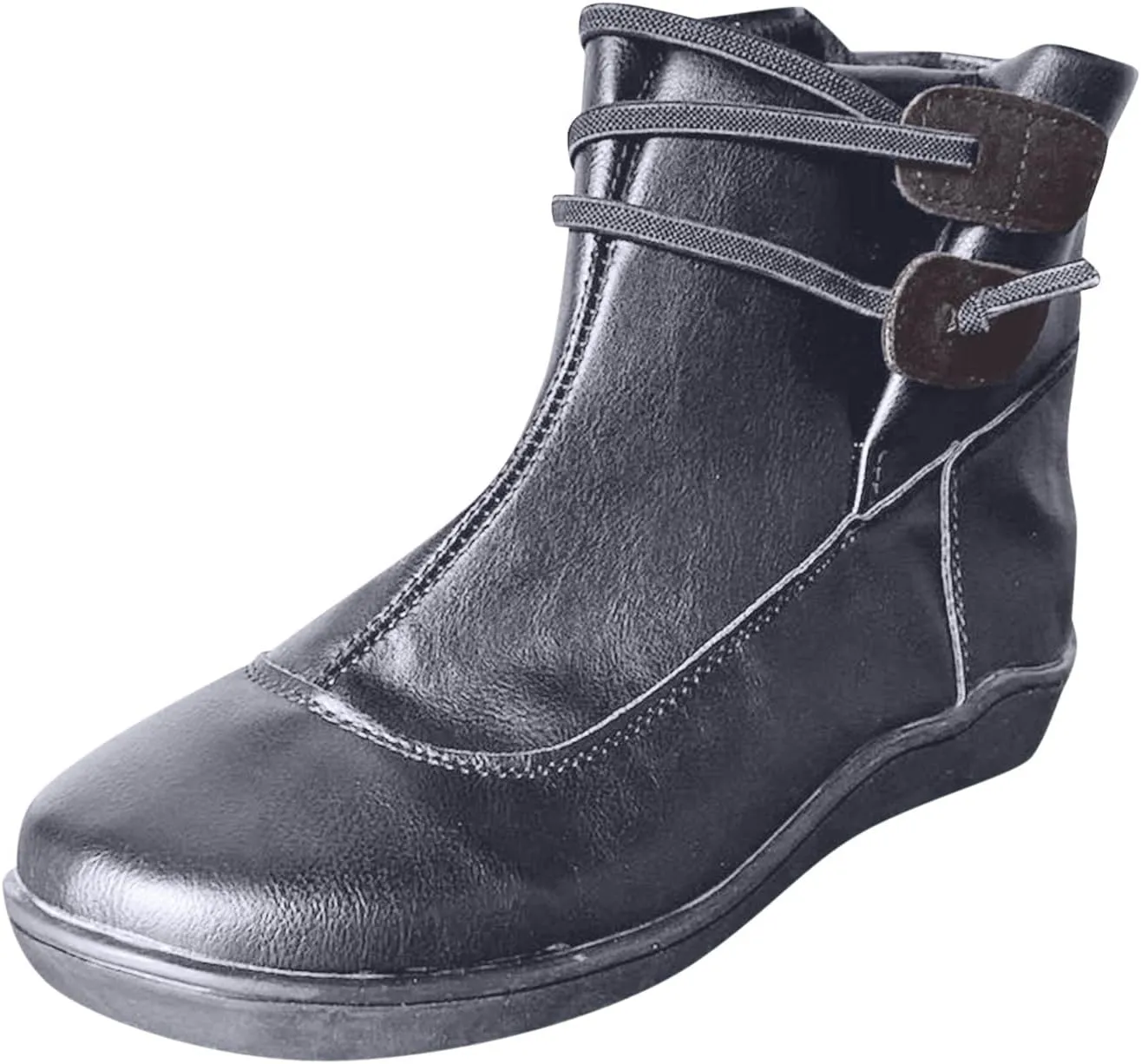 Womens Boots Retro PU Leather Flat Soft Sole Warm Boots for Women Solid Color Round Toe Comfortable Ankle Boots