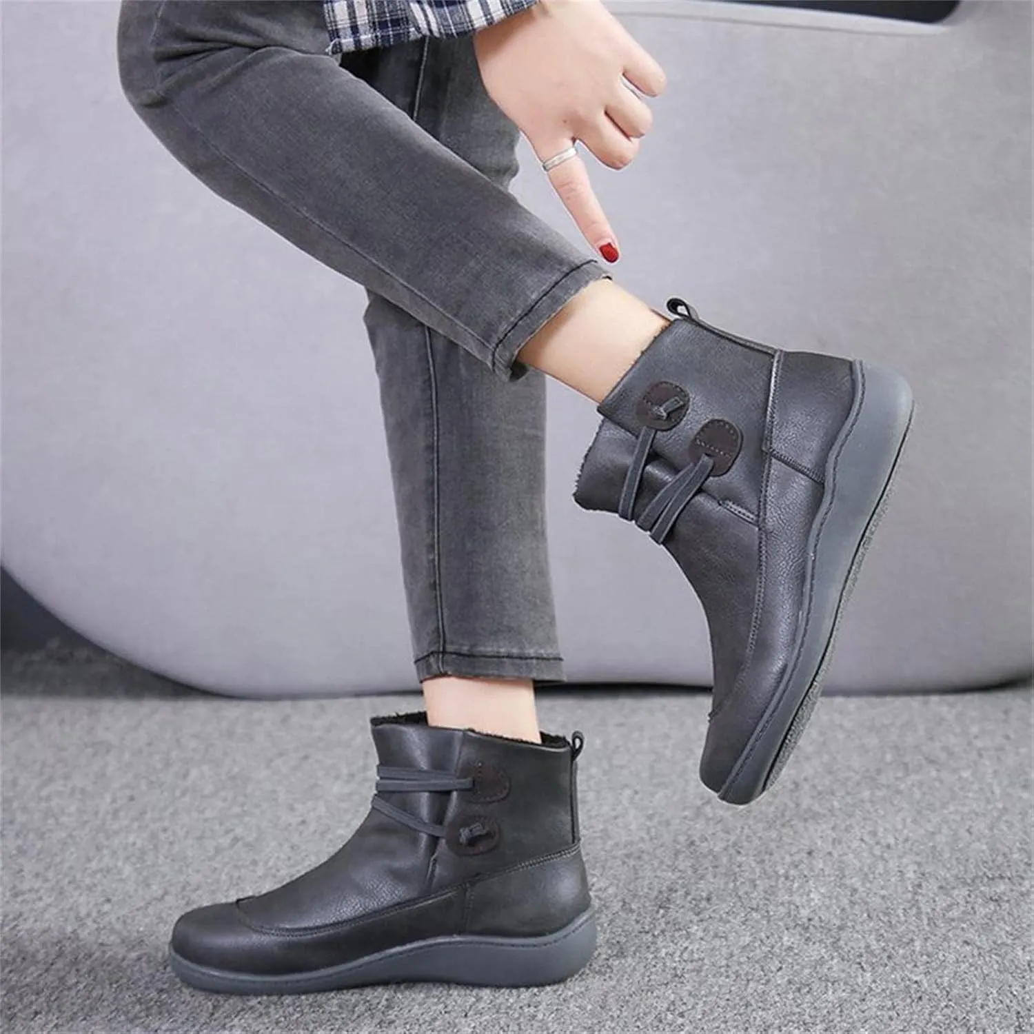 Womens Boots Retro PU Leather Flat Soft Sole Warm Boots for Women Solid Color Round Toe Comfortable Ankle Boots