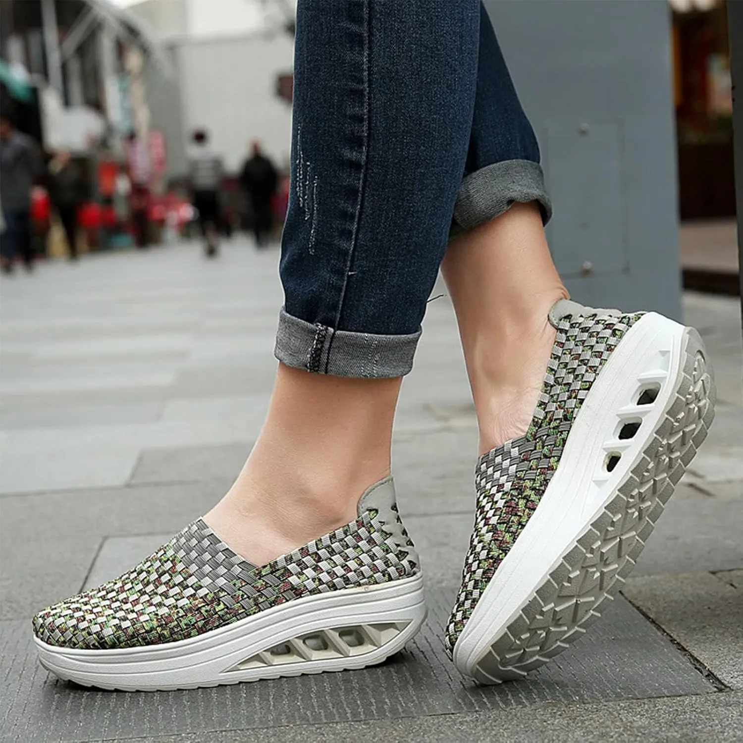 Women's Mesh Woven Breathable Slip On Orthopedic Walking Shoes,Fashion Wedge Platform Slip on Loafer Walking Shoes with Arch Support
