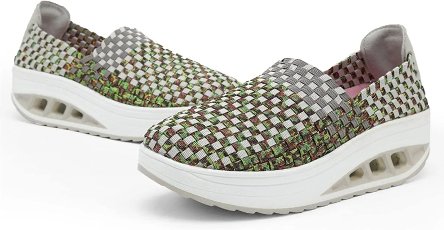 Women's Mesh Woven Breathable Slip On Orthopedic Walking Shoes,Fashion Wedge Platform Slip on Loafer Walking Shoes with Arch Support