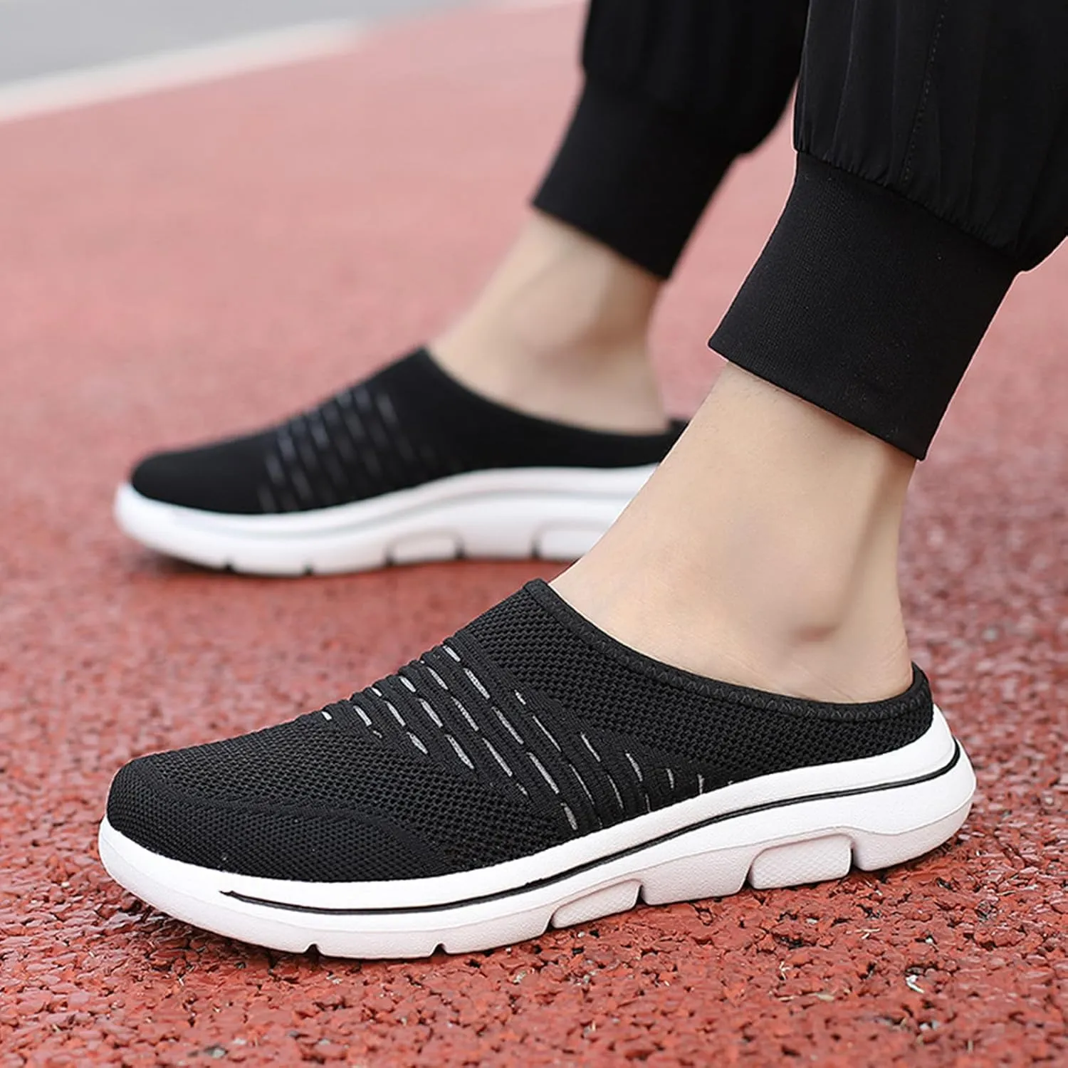 Womens Mules Slip On Knit Flats Backless Walking Sneakers Breathable Mesh Slippers Slip-On Open Back Mule Outdoor Sports Wedge Mule Lightweight Beach Shoes