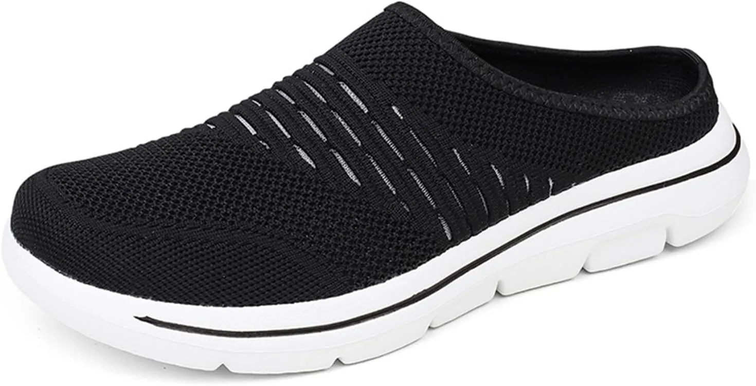 Womens Mules Slip On Knit Flats Backless Walking Sneakers Breathable Mesh Slippers Slip-On Open Back Mule Outdoor Sports Wedge Mule Lightweight Beach Shoes