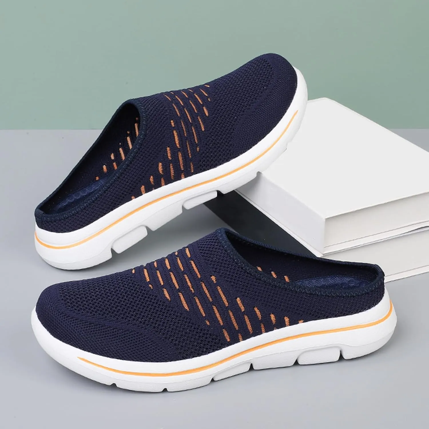 Womens Mules Slip On Knit Flats Backless Walking Sneakers Breathable Mesh Slippers Slip-On Open Back Mule Outdoor Sports Wedge Mule Lightweight Beach Shoes