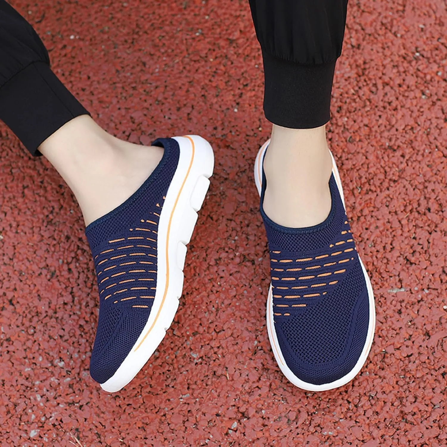 Womens Mules Slip On Knit Flats Backless Walking Sneakers Breathable Mesh Slippers Slip-On Open Back Mule Outdoor Sports Wedge Mule Lightweight Beach Shoes