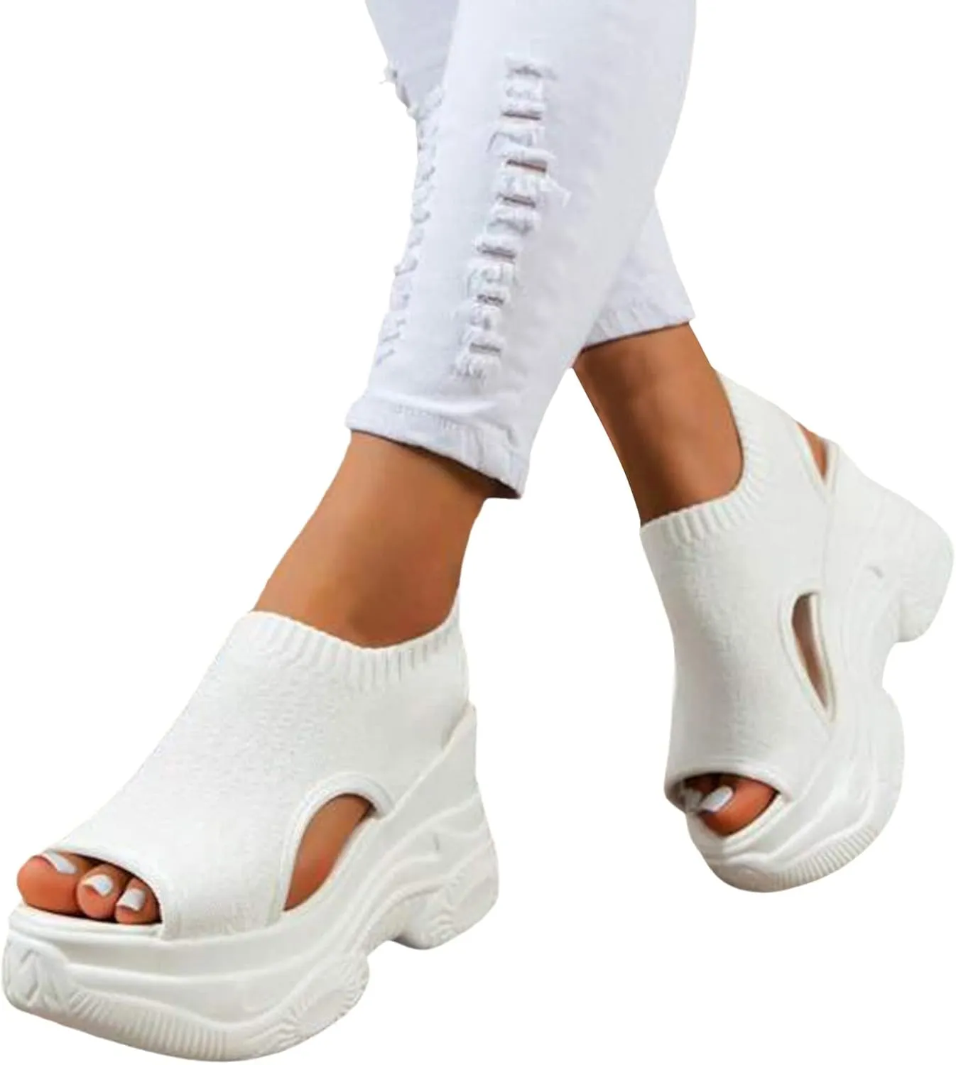 Womens Platform Wedge Sandals Open Toe Slip on Elastic Fashion Round Peep Toe Sandal Slip on Lightweight Summer Comfortable Breathable Dressy Shoe for Outdoor Indoor