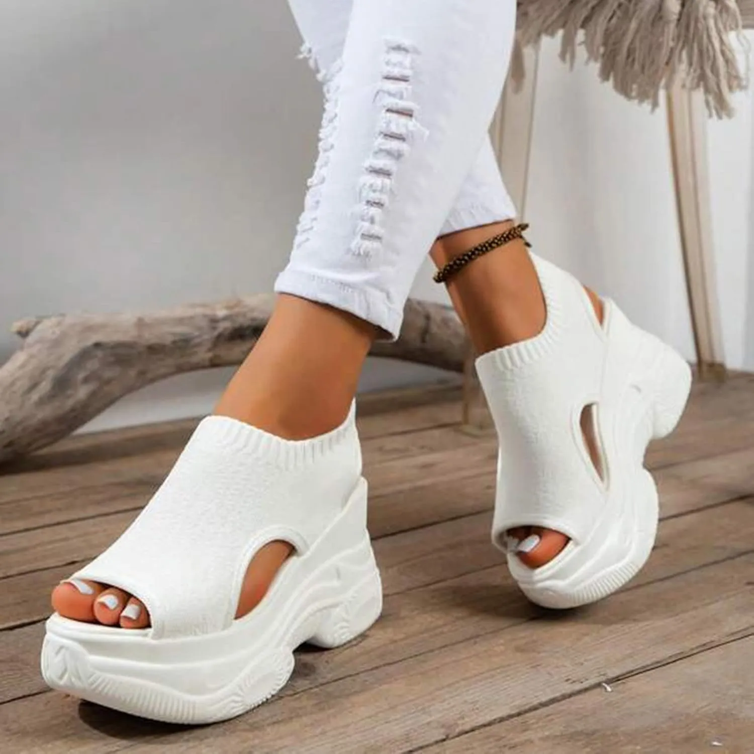 Womens Platform Wedge Sandals Open Toe Slip on Elastic Fashion Round Peep Toe Sandal Slip on Lightweight Summer Comfortable Breathable Dressy Shoe for Outdoor Indoor