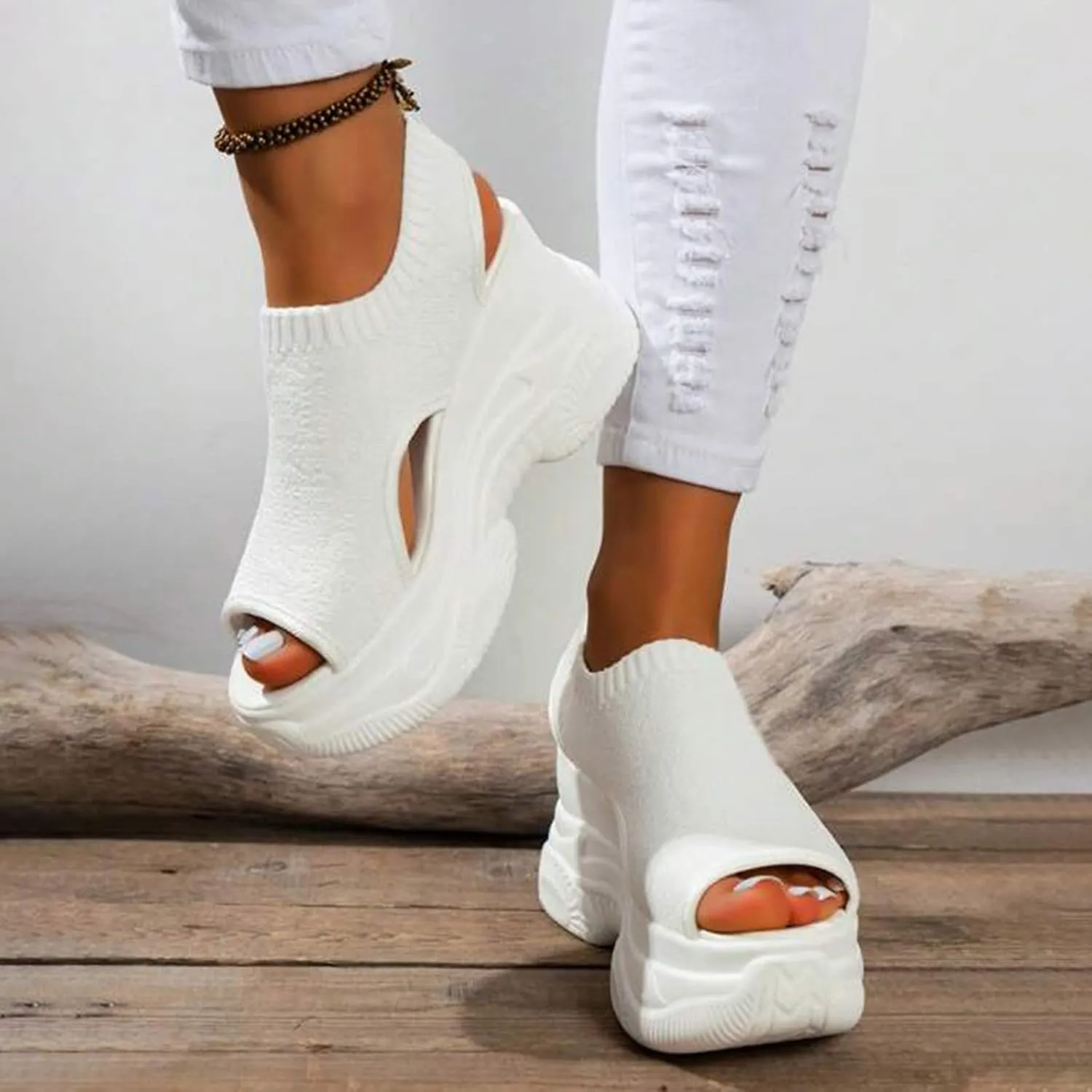 Womens Platform Wedge Sandals Open Toe Slip on Elastic Fashion Round Peep Toe Sandal Slip on Lightweight Summer Comfortable Breathable Dressy Shoe for Outdoor Indoor
