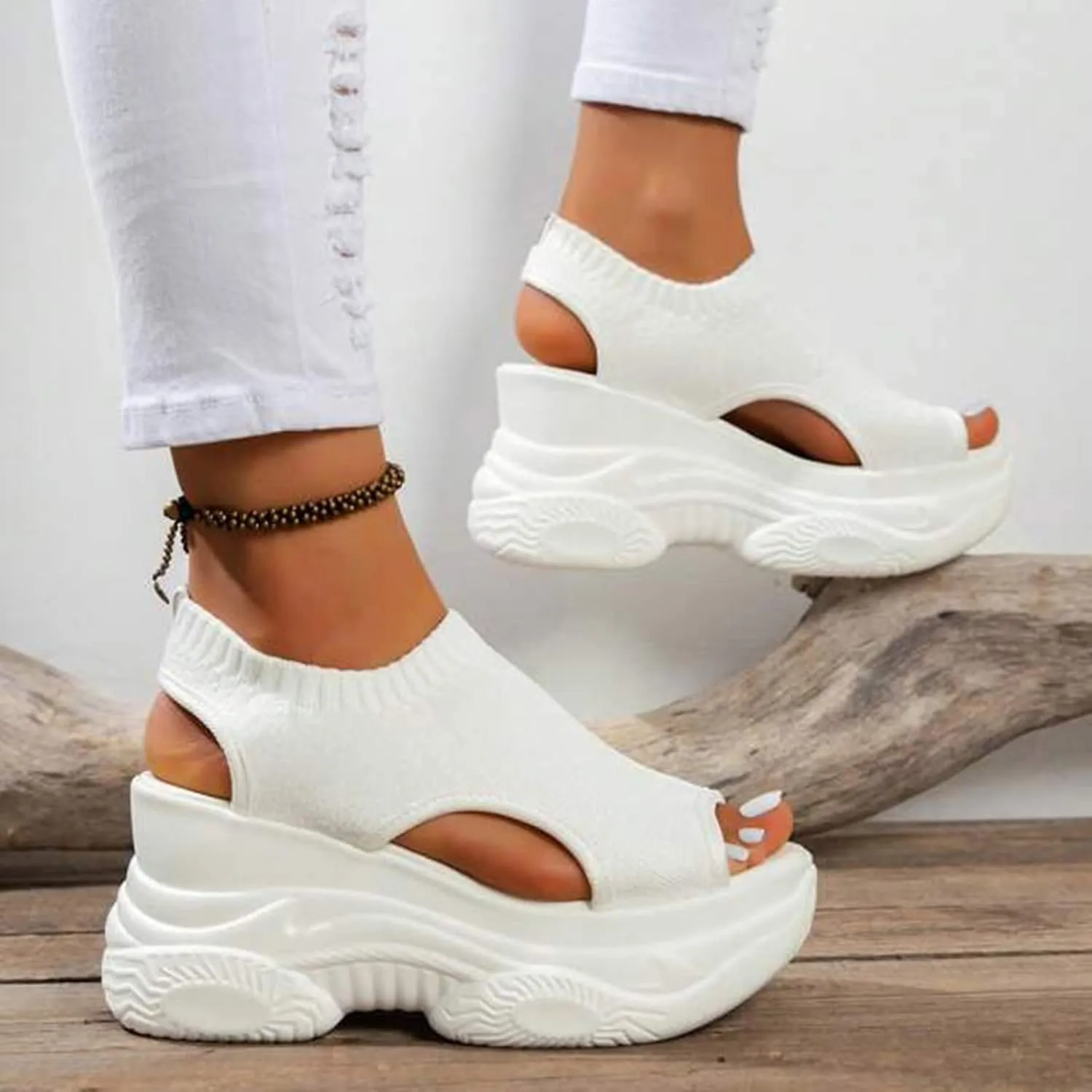 Womens Platform Wedge Sandals Open Toe Slip on Elastic Fashion Round Peep Toe Sandal Slip on Lightweight Summer Comfortable Breathable Dressy Shoe for Outdoor Indoor