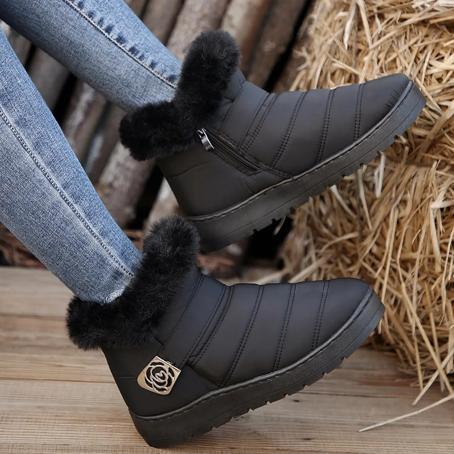 Womens Winter Snow Boots Fur Lined Warm Winter Boots Ankle Booties Waterproof Snow Boots Slip On Boots