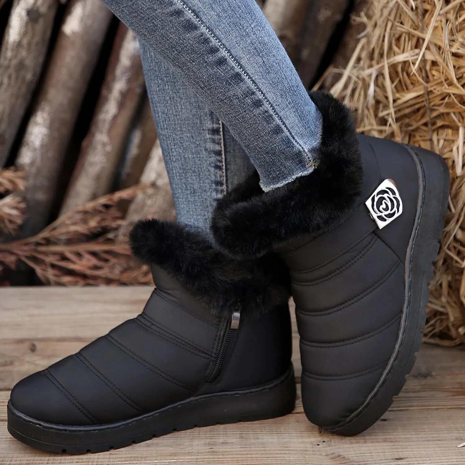 Womens Winter Snow Boots Fur Lined Warm Winter Boots Ankle Booties Waterproof Snow Boots Slip On Boots
