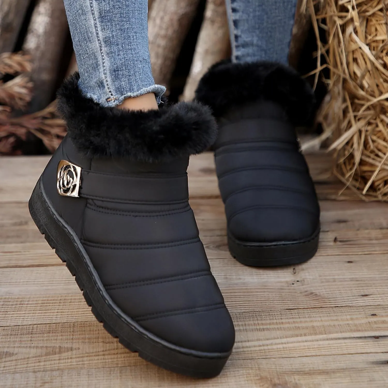 Womens Winter Snow Boots Fur Lined Warm Winter Boots Ankle Booties Waterproof Snow Boots Slip On Boots