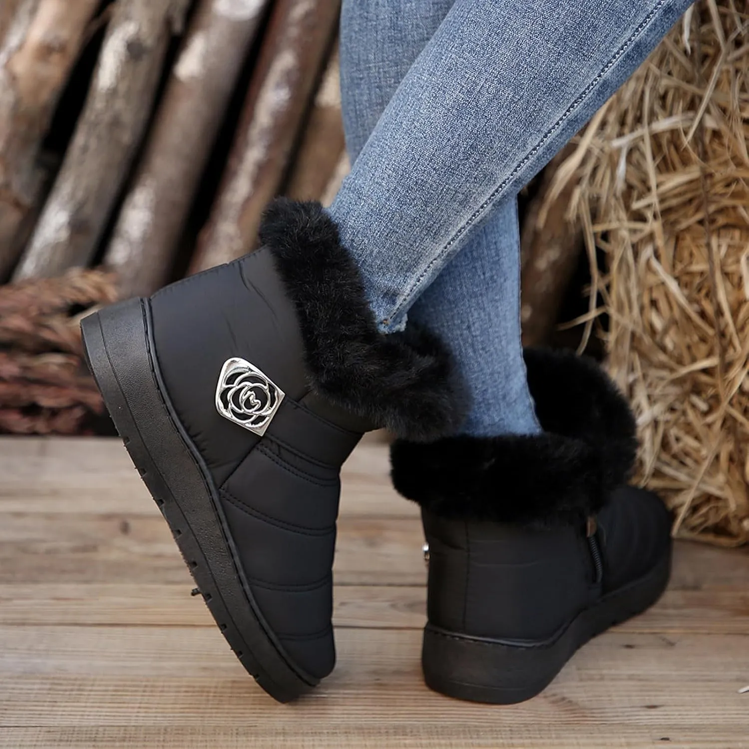Womens Winter Snow Boots Fur Lined Warm Winter Boots Ankle Booties Waterproof Snow Boots Slip On Boots
