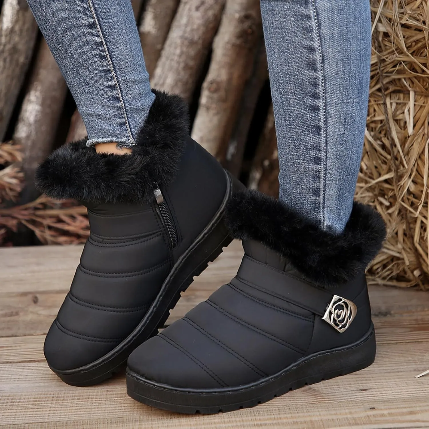 Womens Winter Snow Boots Fur Lined Warm Winter Boots Ankle Booties Waterproof Snow Boots Slip On Boots
